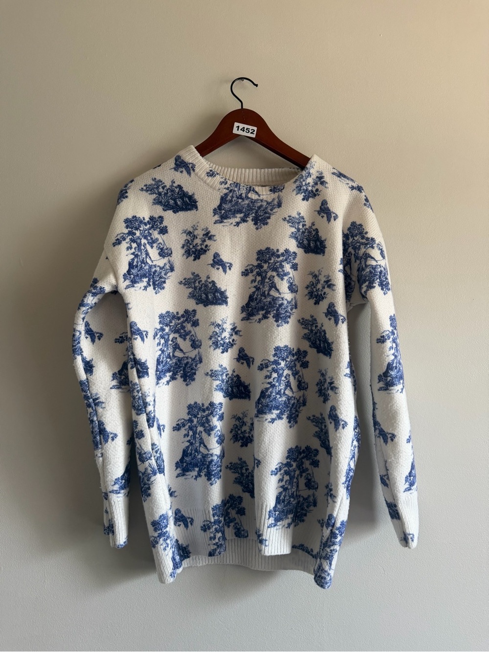 Cider Blue & White Toile Print Sweater Size S Oversized-Cottagecore Coastal Knit